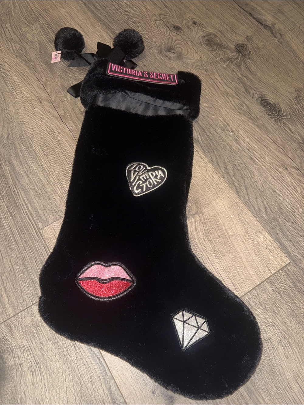 Victoria's Secret Black Plush Stocking with Patch Accents